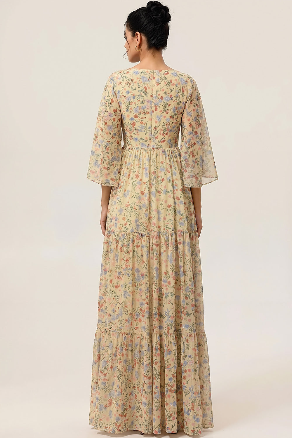 Floral Yellow Square Neck A Line Maxi Wedding Guest Dress with Sleeves