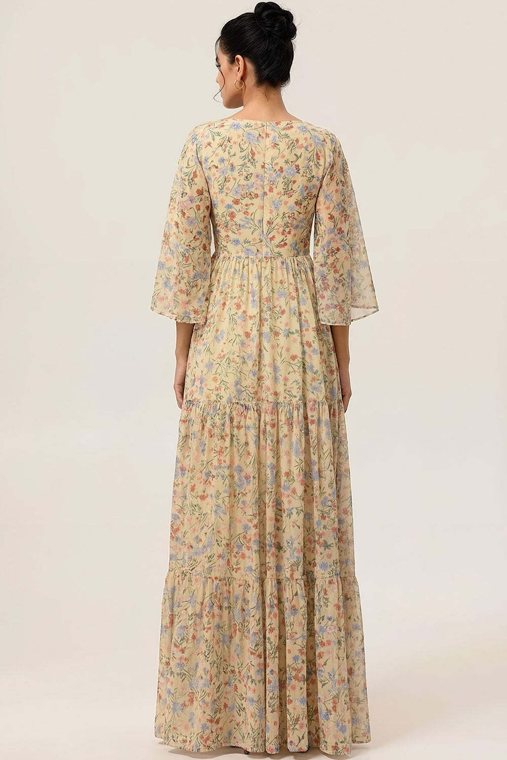 Floral Yellow Square Neck A Line Maxi Wedding Guest Dress with Sleeves