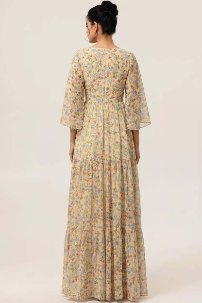 Floral Yellow Square Neck A Line Maxi Wedding Guest Dress with Sleeves