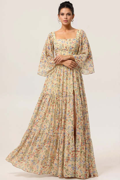 Leely Women Floral Yellow Maxi Wedding Guest Dress 3/4 Sleeves Square Neck A Line Bridesmaid Dress with Slit