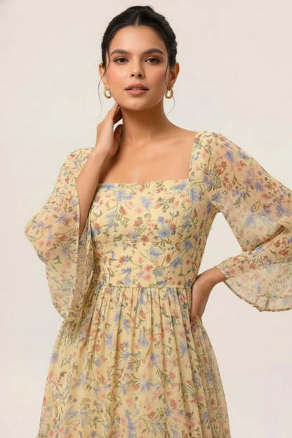 Floral Yellow Square Neck A Line Maxi Wedding Guest Dress with Sleeves