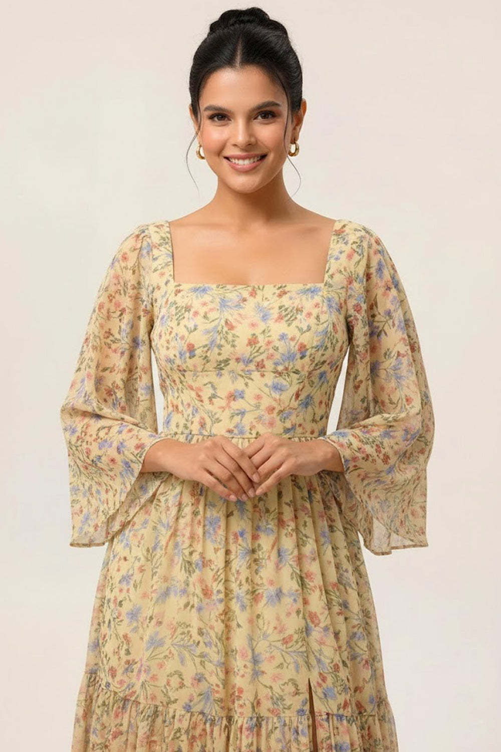 Floral Yellow Square Neck A Line Maxi Wedding Guest Dress with Sleeves