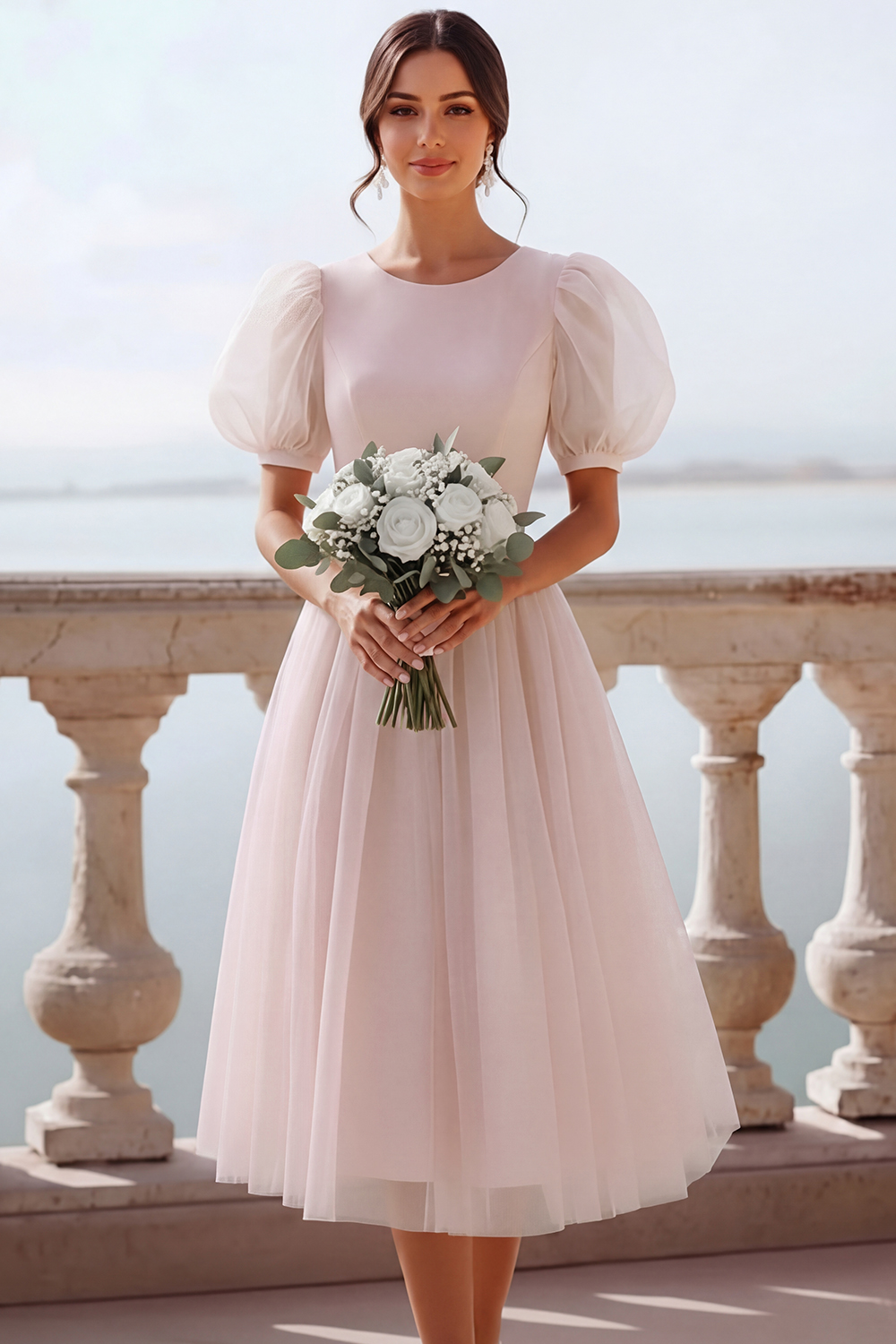 English Rose A Line Scoop Neck Midi Bridesmaid Dress with Sleeves