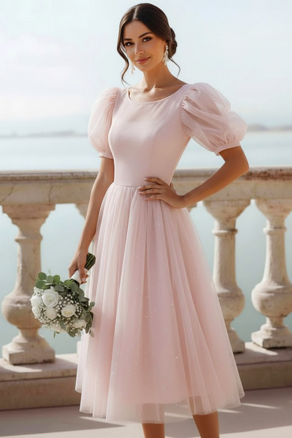 English Rose A Line Scoop Neck Midi Bridesmaid Dress with Sleeves