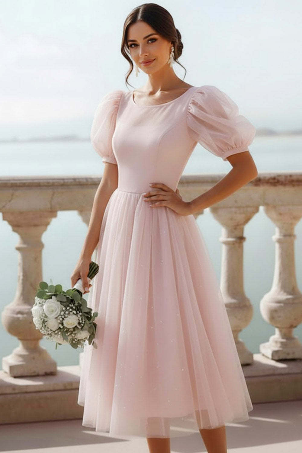 English Rose A Line Scoop Neck Midi Bridesmaid Dress with Sleeves