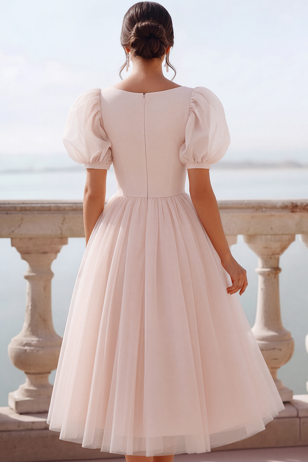 English Rose A Line Scoop Neck Midi Bridesmaid Dress with Sleeves