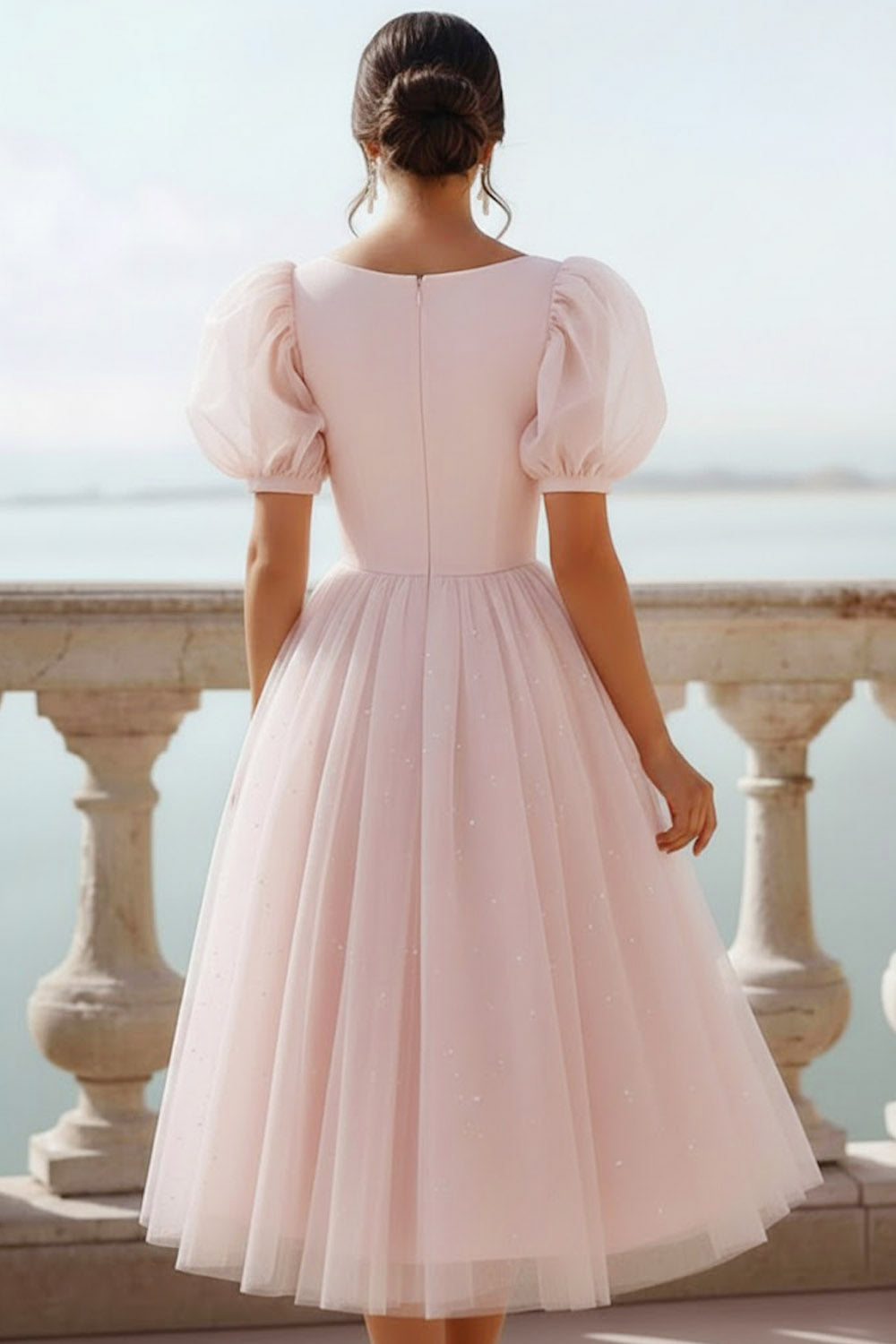 English Rose A Line Scoop Neck Midi Bridesmaid Dress with Sleeves