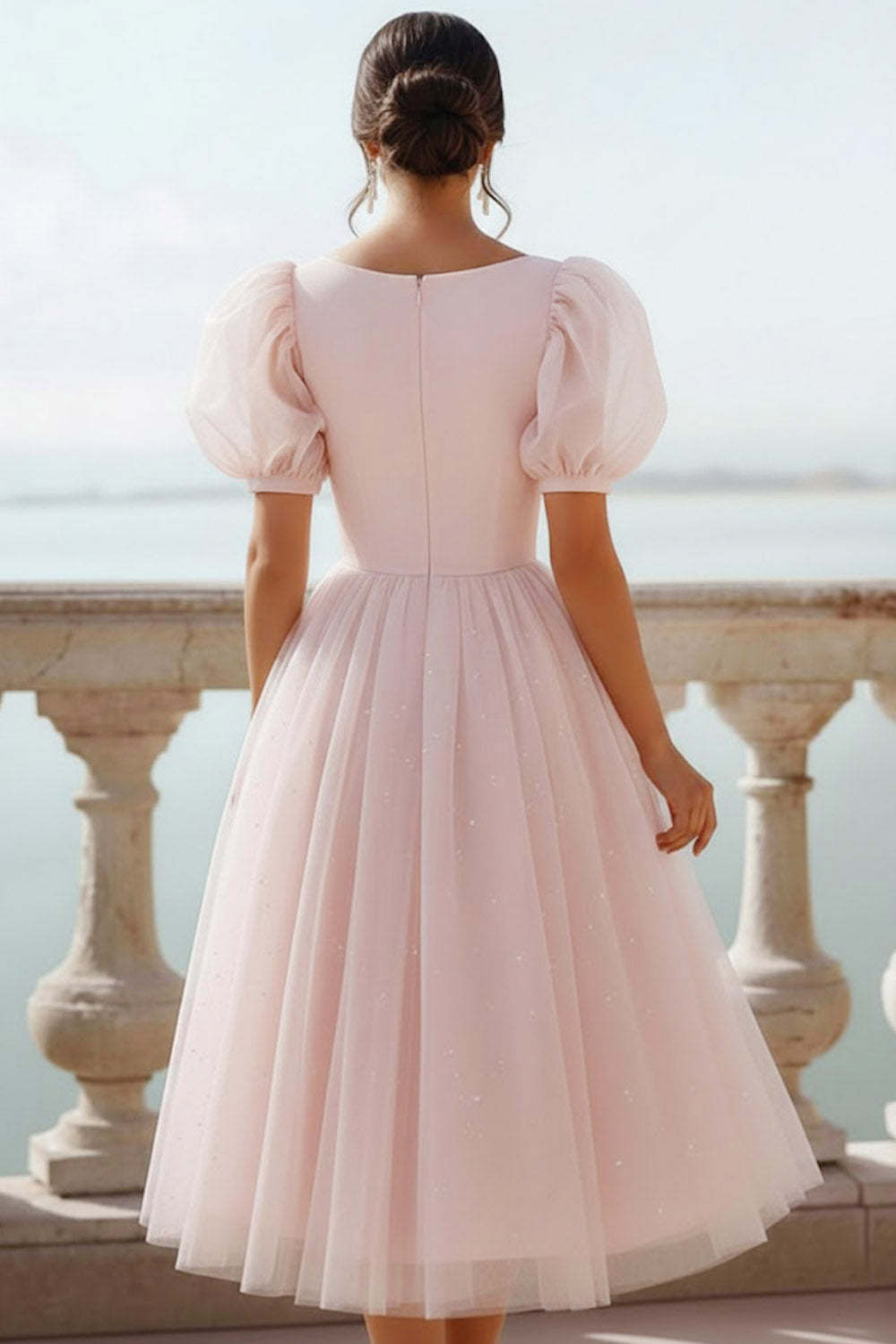 English Rose A Line Scoop Neck Midi Bridesmaid Dress with Sleeves