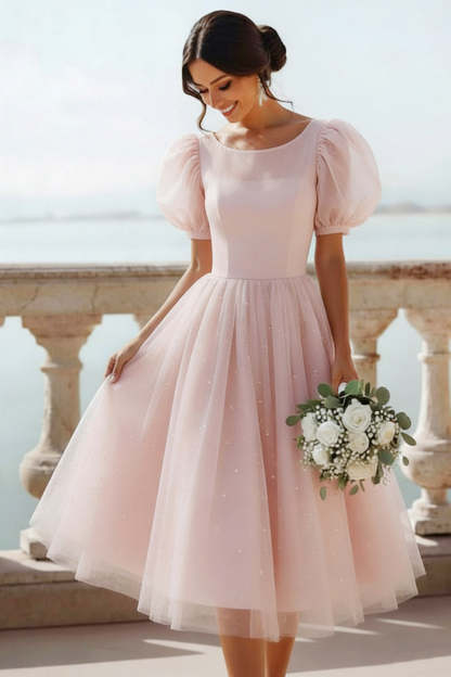 English Rose A Line Scoop Neck Midi Bridesmaid Dress with Sleeves