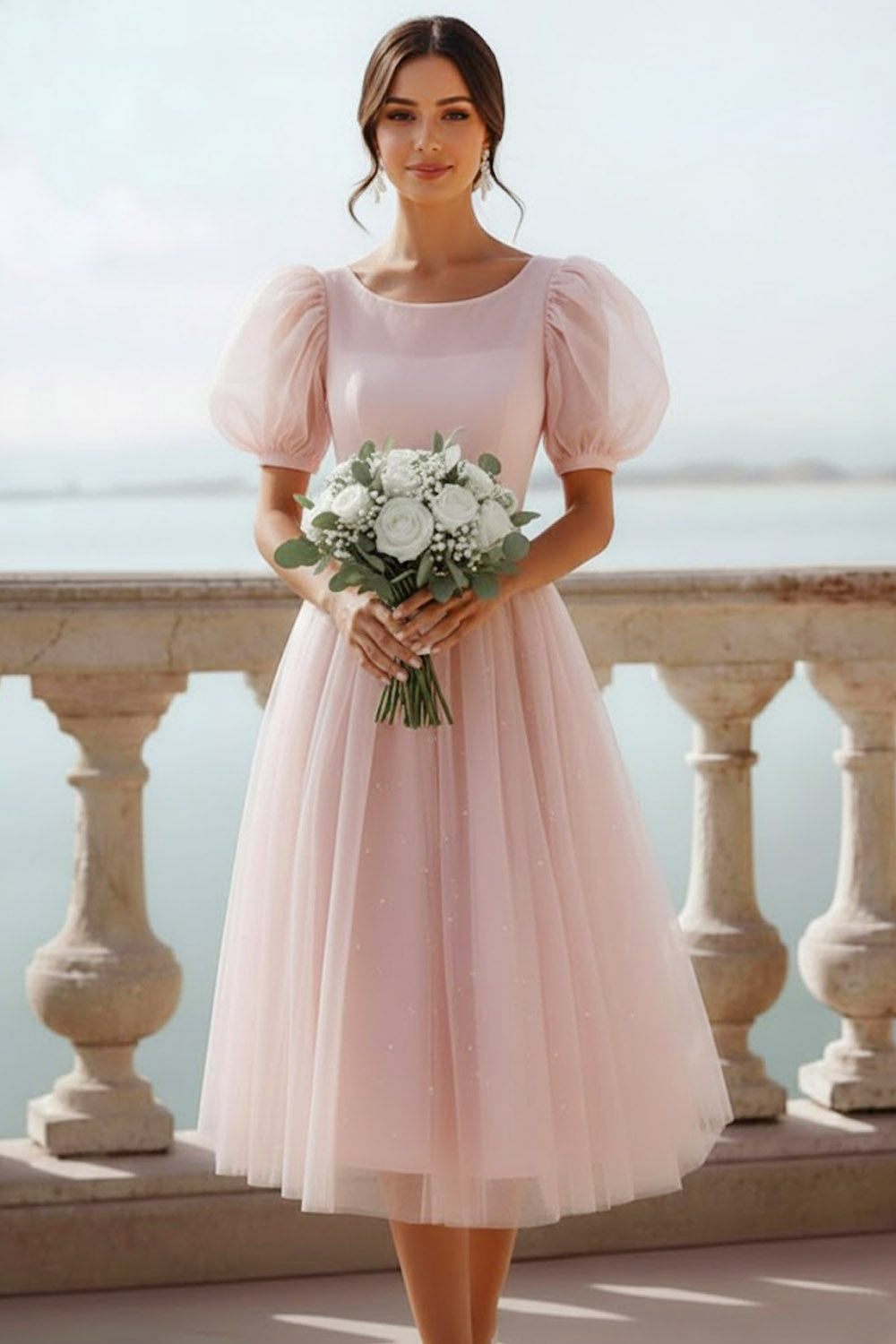 English Rose A Line Scoop Neck Midi Bridesmaid Dress with Sleeves