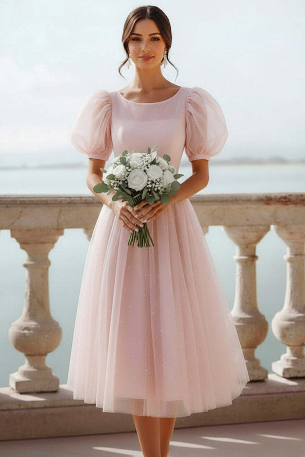 Leely Women English Rose Midi Bridesmaid Dress with Sleeves A Line Scoop Neck Glitter Wedding Guest Dress