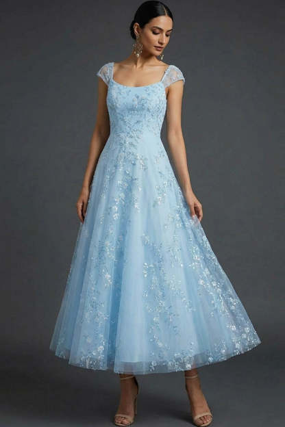 Leely Women Sparkly Blue A-Line Midi Wedding Guest Dress with Sequins Scoop Neck Glitter Cap Sleeves Prom Dress