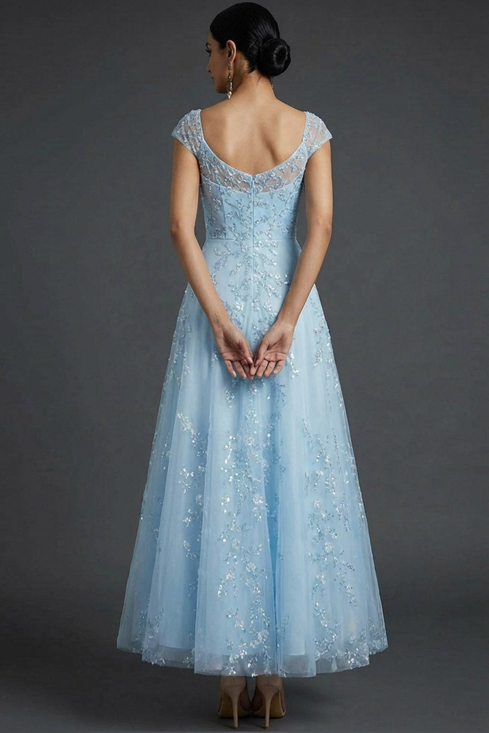 Sparkly Blue Scoop Neck A-Line Midi Wedding Guest Dress with Sequins