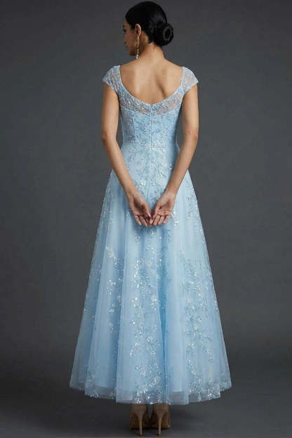 Sparkly Blue Scoop Neck A-Line Midi Wedding Guest Dress with Sequins