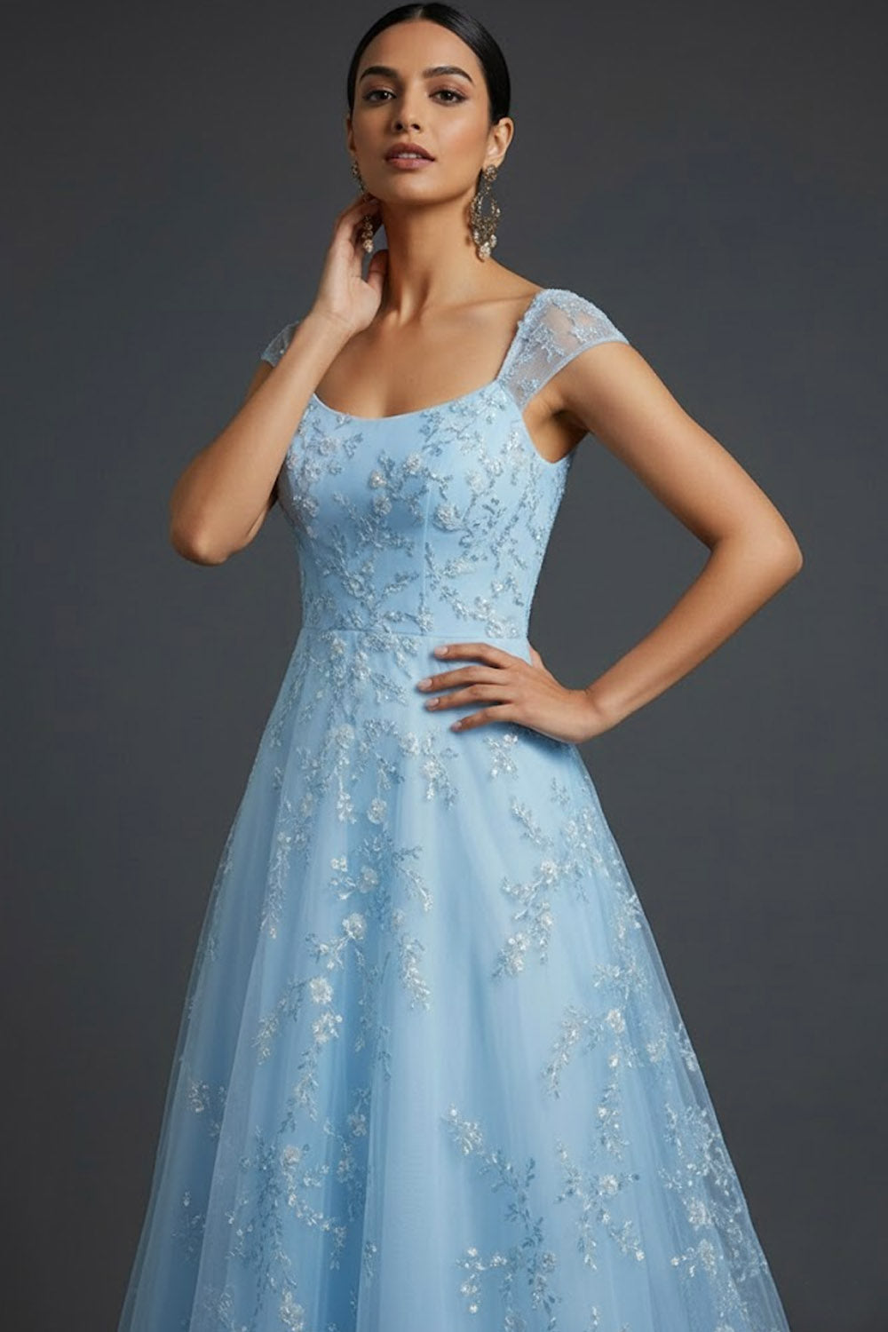 Sparkly Blue Scoop Neck A-Line Midi Wedding Guest Dress with Sequins