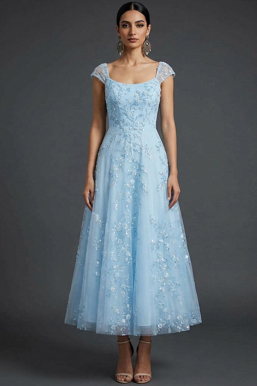 Sparkly Blue Scoop Neck A-Line Midi Wedding Guest Dress with Sequins