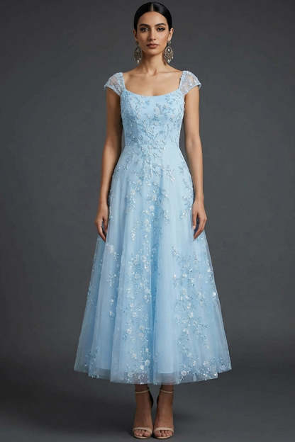 Sparkly Blue Scoop Neck A-Line Midi Wedding Guest Dress with Sequins