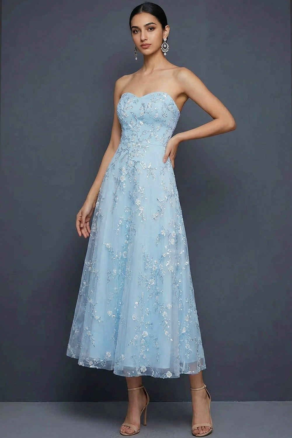 Leely Women Sparkly Blue A-Line Midi Bridesmaid Dress with Sequins Sweetheart Glitter Backless Wedding Guest Dress