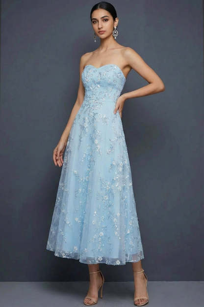 Leely Women Sparkly Blue A-Line Midi Bridesmaid Dress with Sequins Sweetheart Glitter Backless Wedding Guest Dress