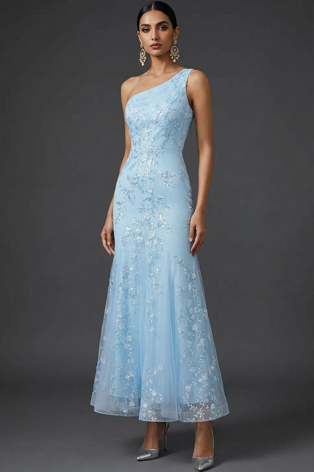 Blue One Shoulder Mermaid Maxi Wedding Guest Dress with Sequins