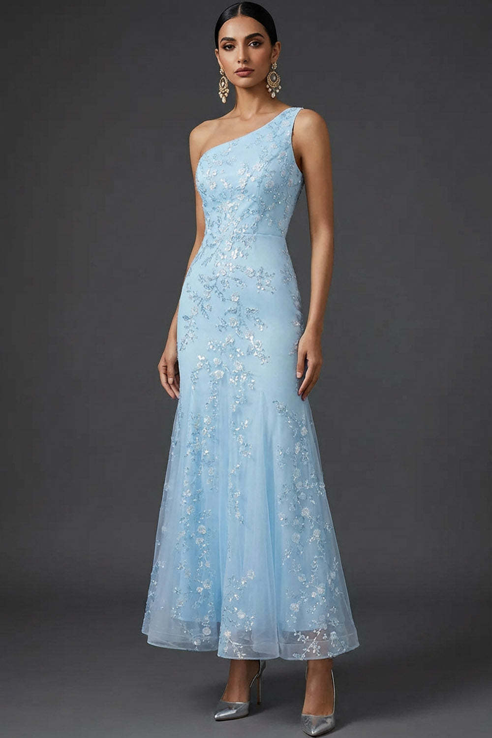 Leely Women Sparkly Blue Maxi Wedding Guest Dress One Shoulder Mermaid Sequins Formal Dress