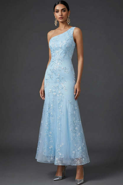 Leely Women Sparkly Blue Maxi Wedding Guest Dress One Shoulder Mermaid Sequins Formal Dress