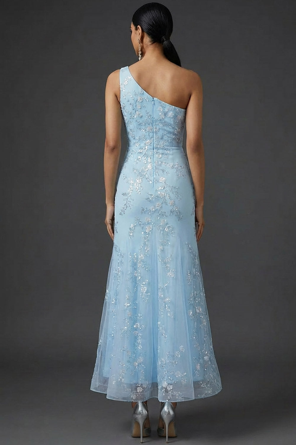 Blue One Shoulder Mermaid Maxi Wedding Guest Dress with Sequins
