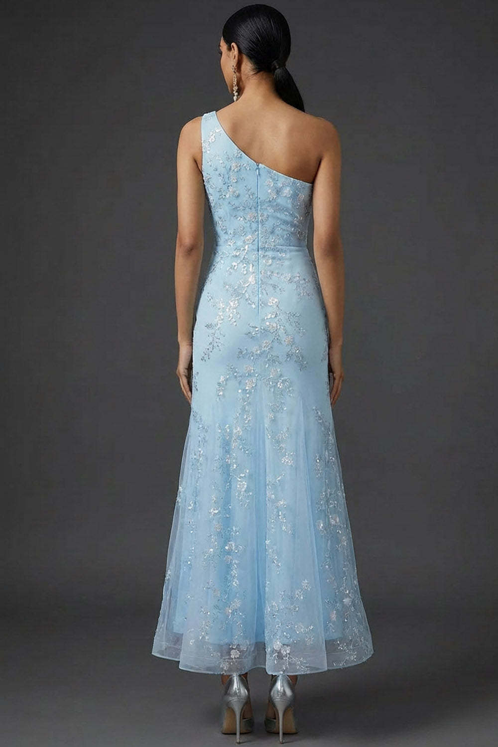 Blue One Shoulder Mermaid Maxi Wedding Guest Dress with Sequins