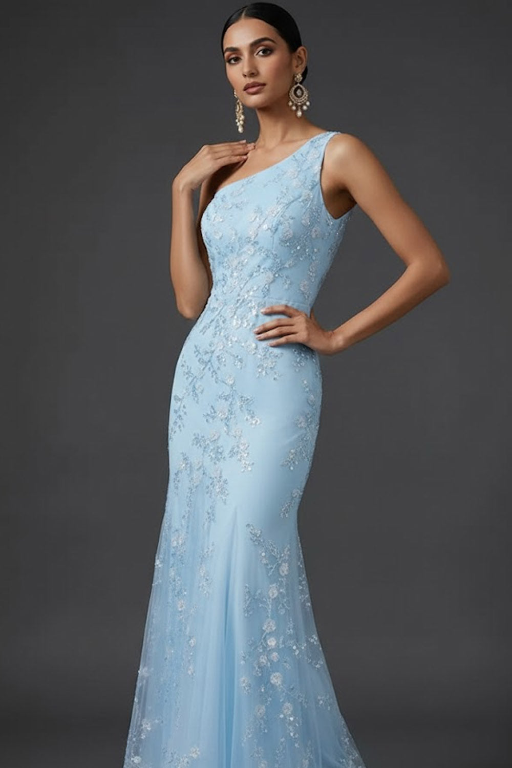 Blue One Shoulder Mermaid Maxi Wedding Guest Dress with Sequins