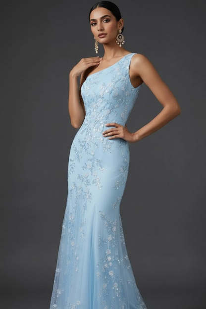 Blue One Shoulder Mermaid Maxi Wedding Guest Dress with Sequins