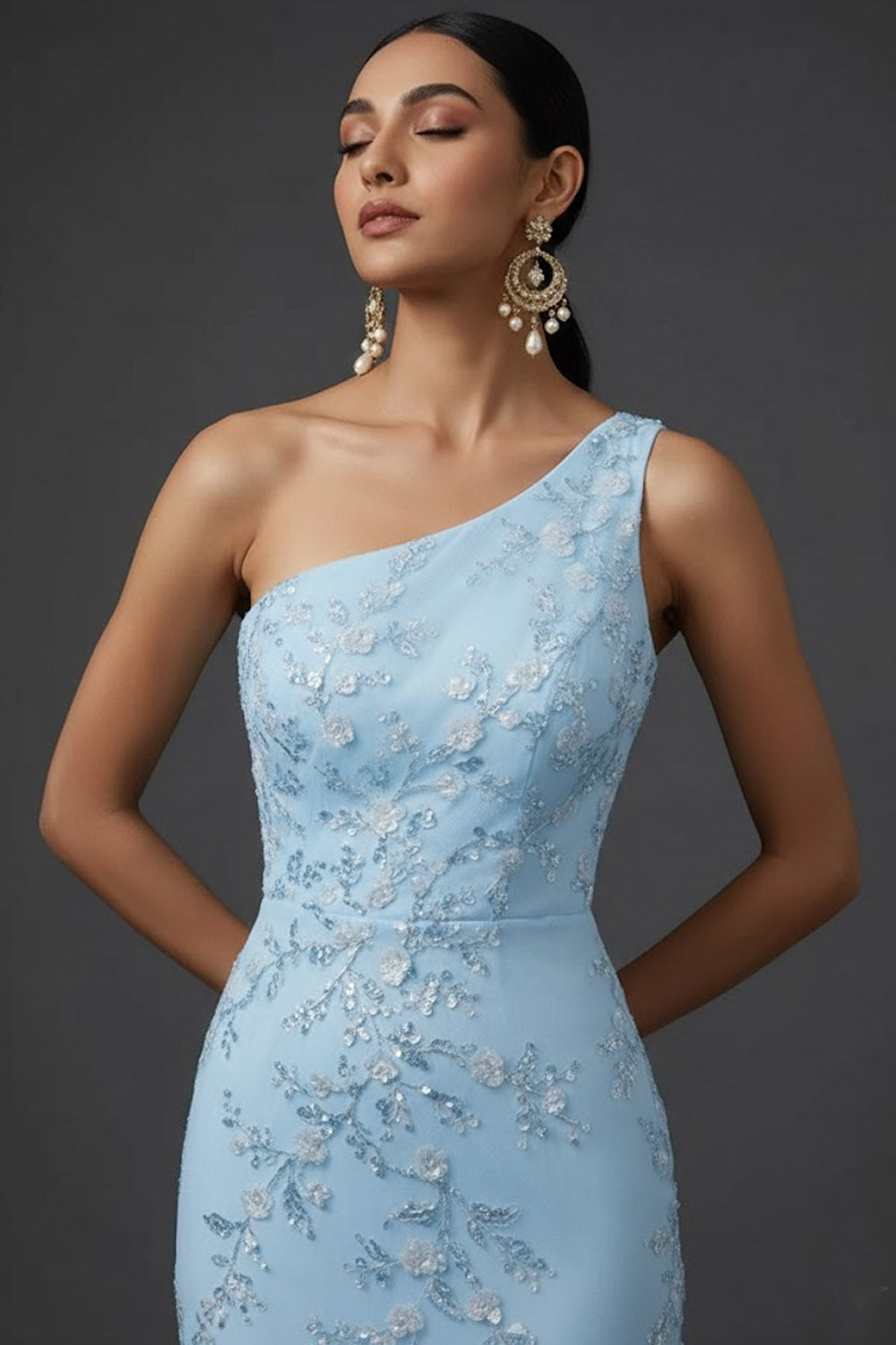 Blue One Shoulder Mermaid Maxi Wedding Guest Dress with Sequins