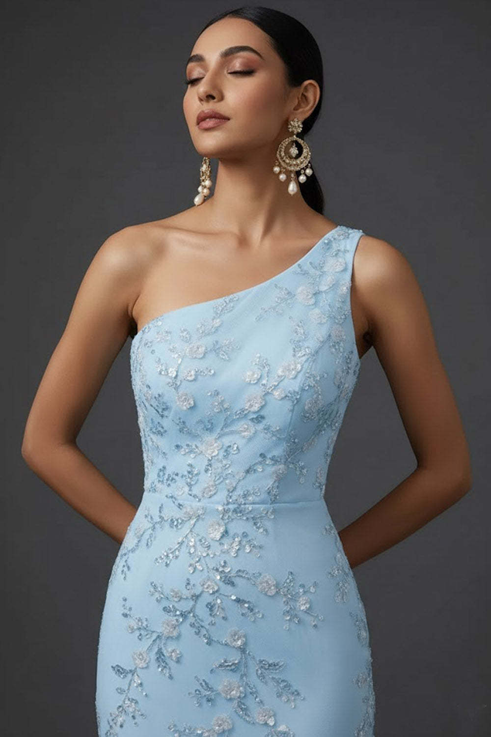 Blue One Shoulder Mermaid Maxi Wedding Guest Dress with Sequins