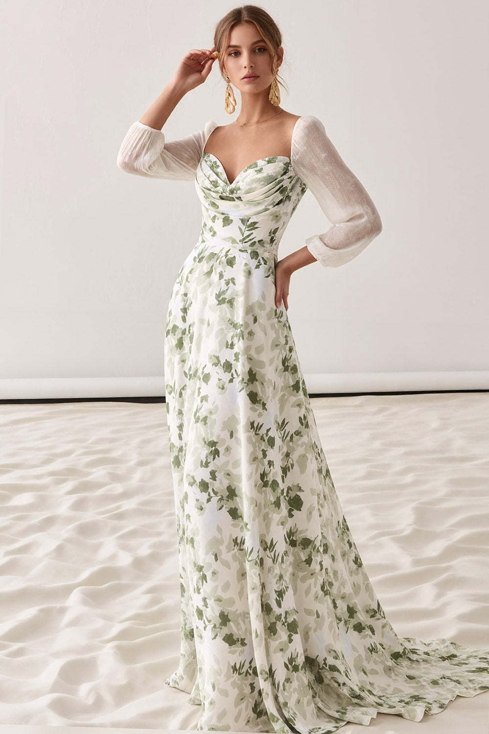 Leely Women Floral Green A-Line Maxi Wedding Guest Dress with Sleeves Sweetheart Pleated Bridesmaid Dress