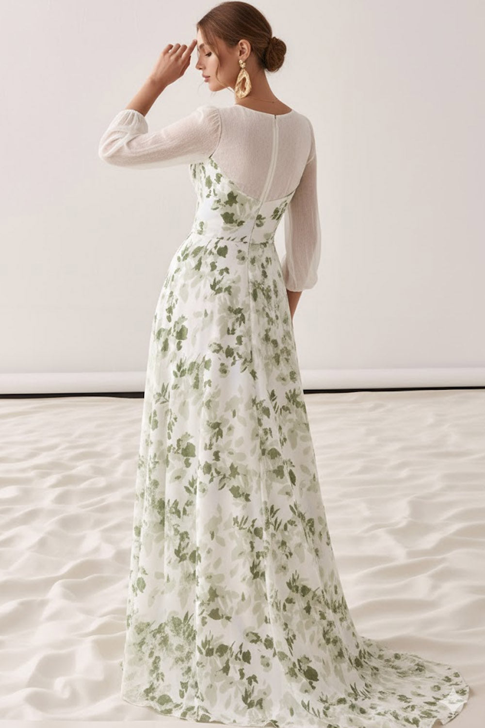 Floral Green Sweetheart A-Line Maxi Wedding Guest Dress with Sleeves
