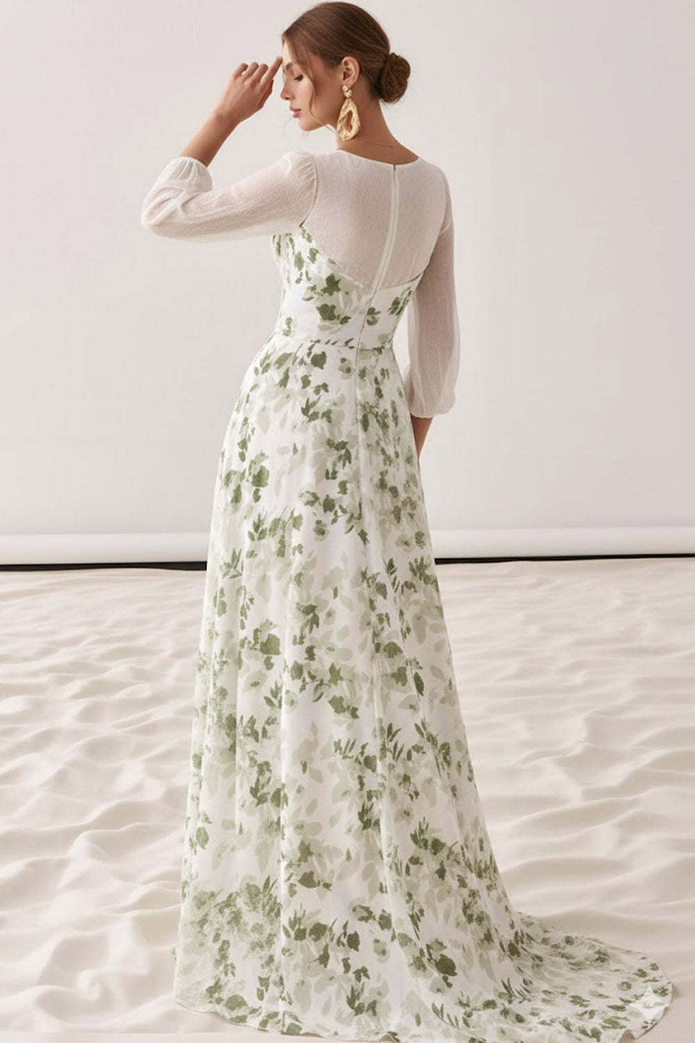 Floral Green Sweetheart A-Line Maxi Wedding Guest Dress with Sleeves