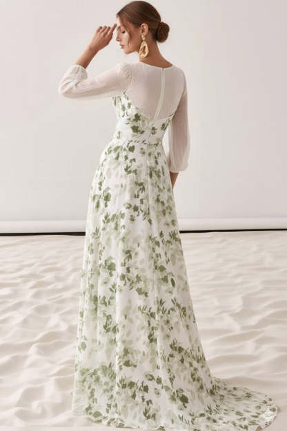 Floral Green Sweetheart A-Line Maxi Wedding Guest Dress with Sleeves