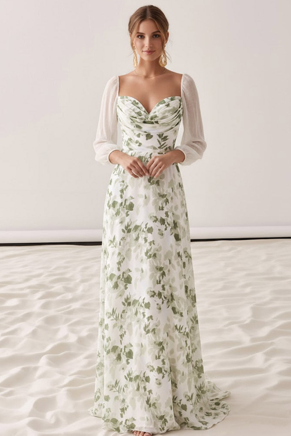Floral Green Sweetheart A-Line Maxi Wedding Guest Dress with Sleeves