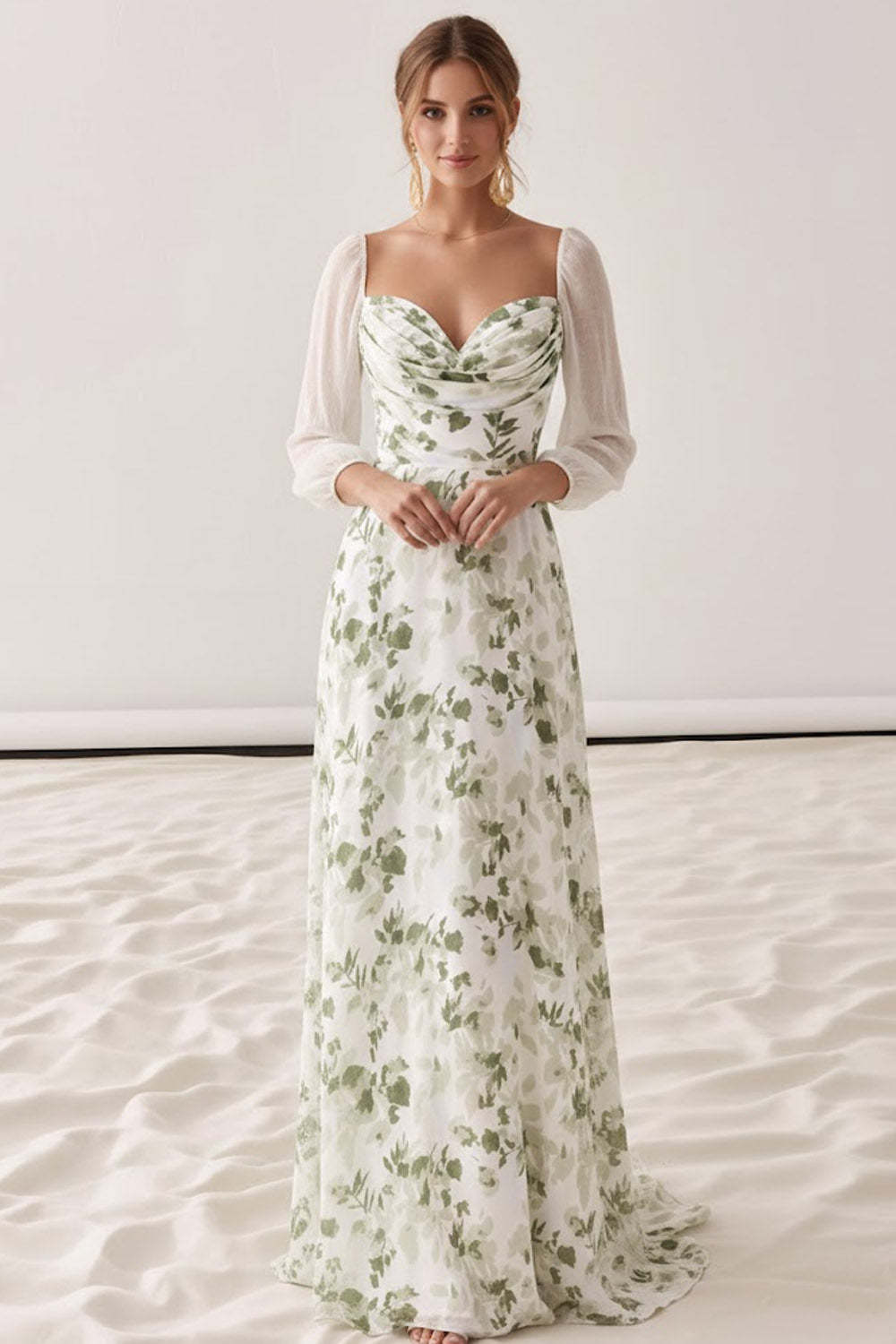 Floral Green Sweetheart A-Line Maxi Wedding Guest Dress with Sleeves