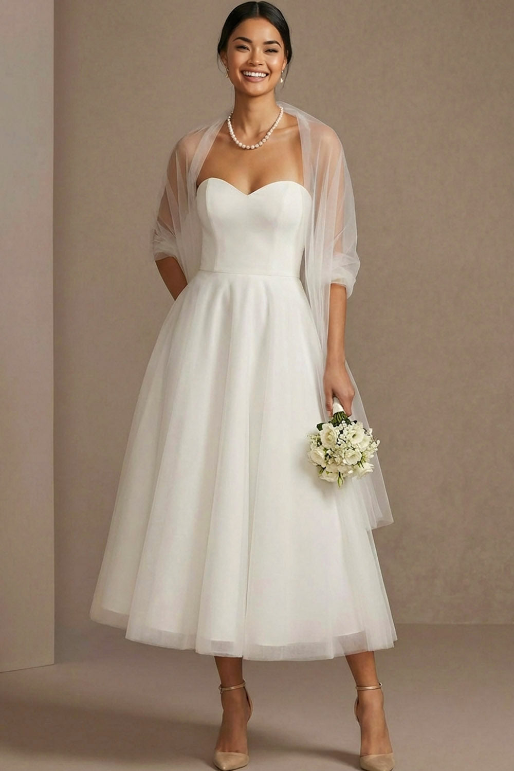 Tulle White A Line Sweetheart Maxi Wedding Reception Dress