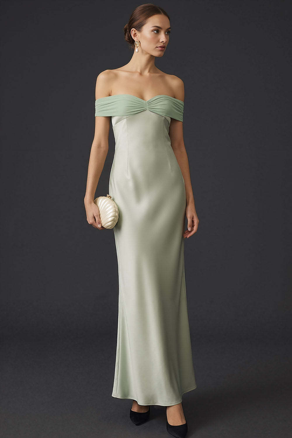 Dusty Sage Mermaid Off the Shoulder Long Wedding Guest Dress