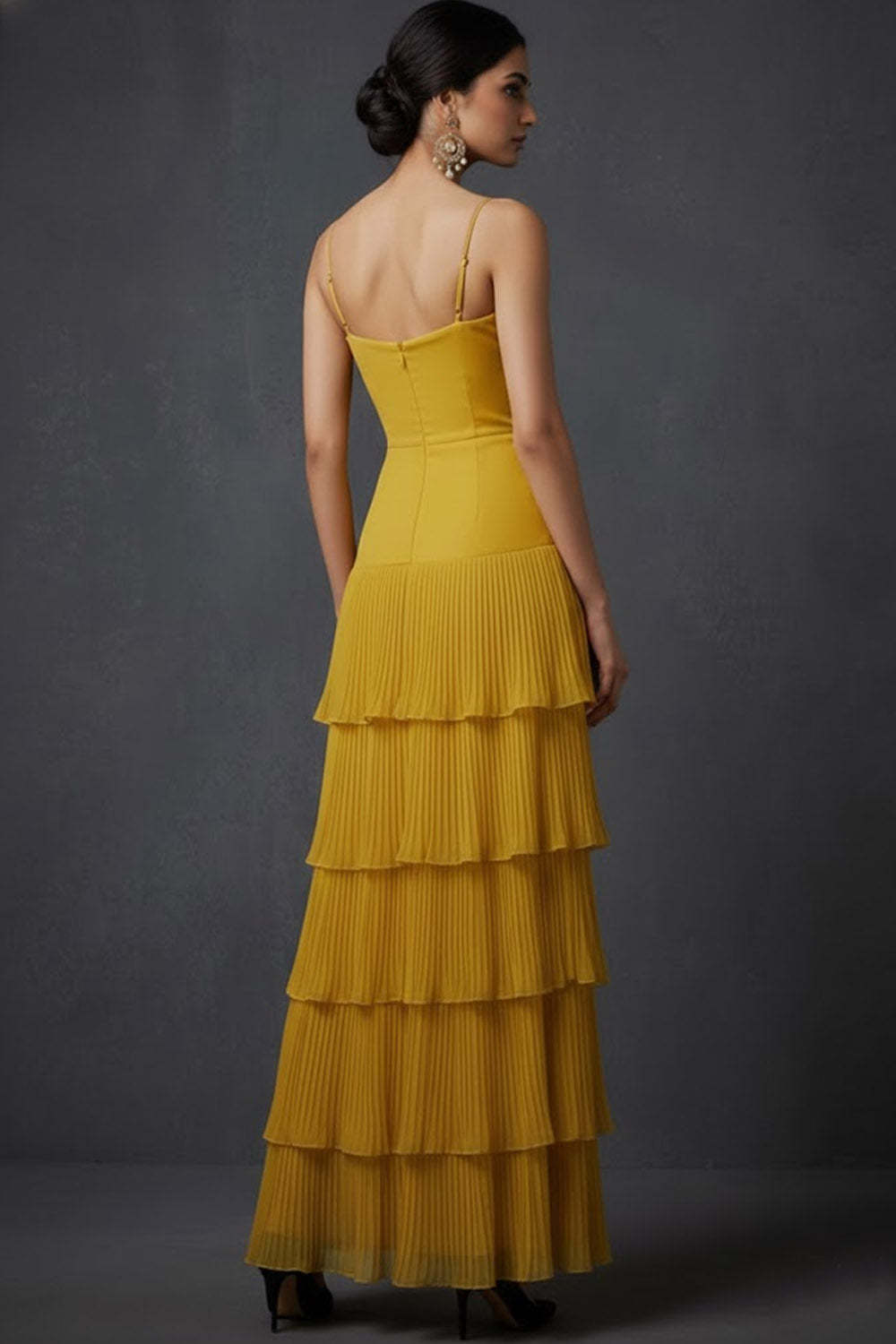 Dark Yellow A Line Spaghetti Straps Ruffled Long Wedding Guest Dress