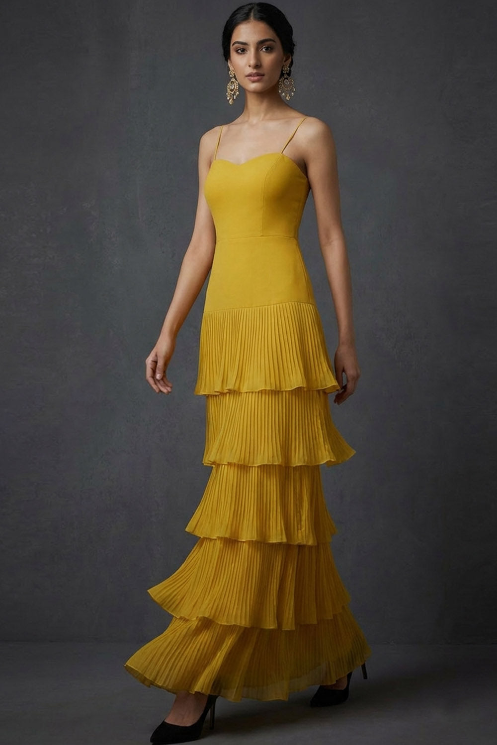 Dark Yellow A Line Spaghetti Straps Ruffled Long Wedding Guest Dress