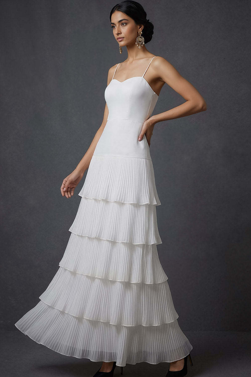 Dark Yellow A Line Spaghetti Straps Ruffled Long Wedding Guest Dress