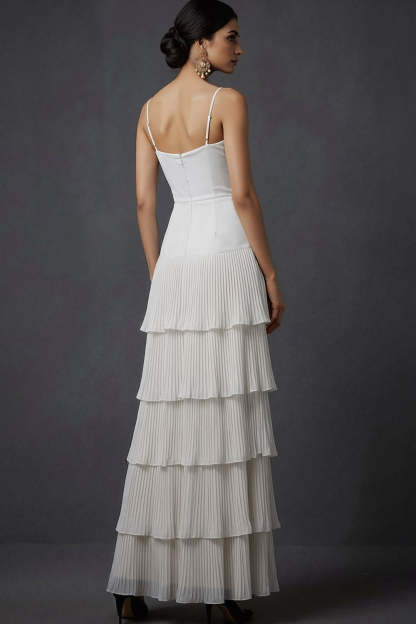 Dark Yellow A Line Spaghetti Straps Ruffled Long Wedding Guest Dress