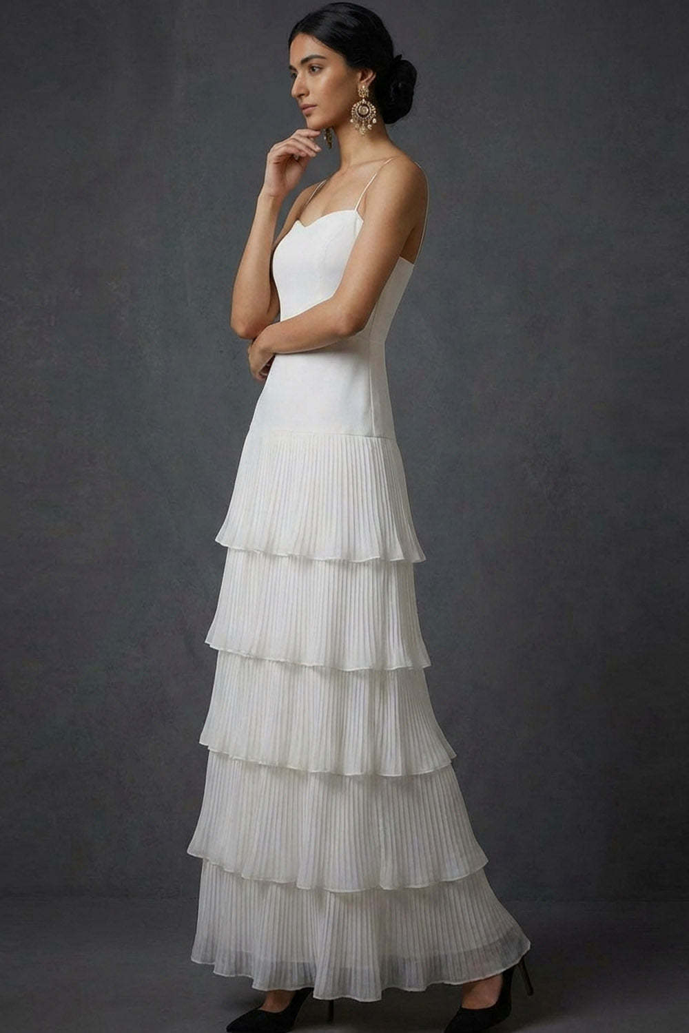 Dark Yellow A Line Spaghetti Straps Ruffled Long Wedding Guest Dress