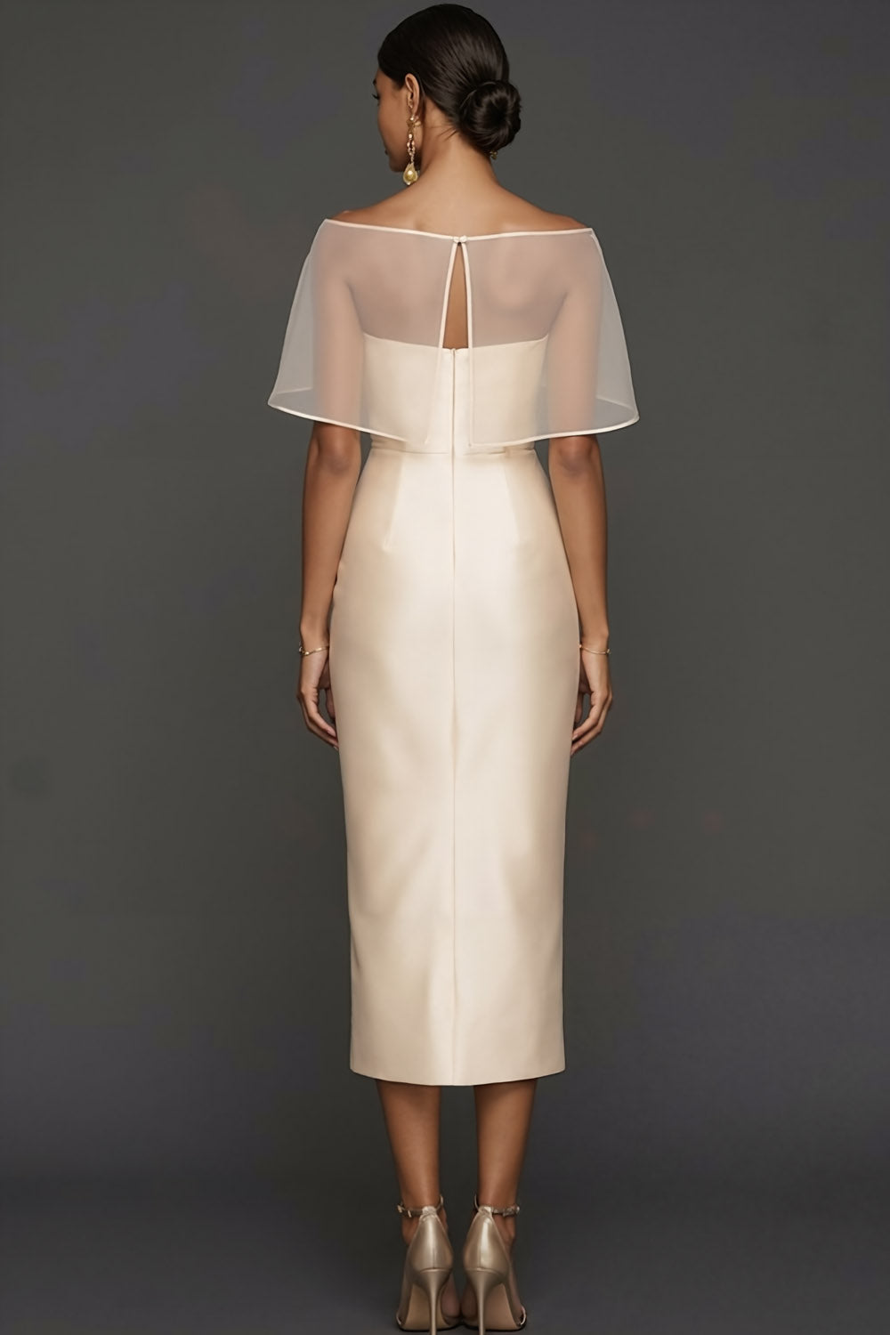 Champagne Satin Sheath Long Wedding Guest Dress with Cape