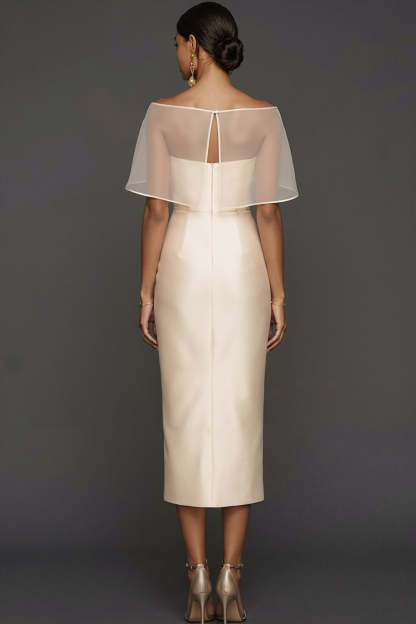 Champagne Satin Sheath Long Wedding Guest Dress with Cape