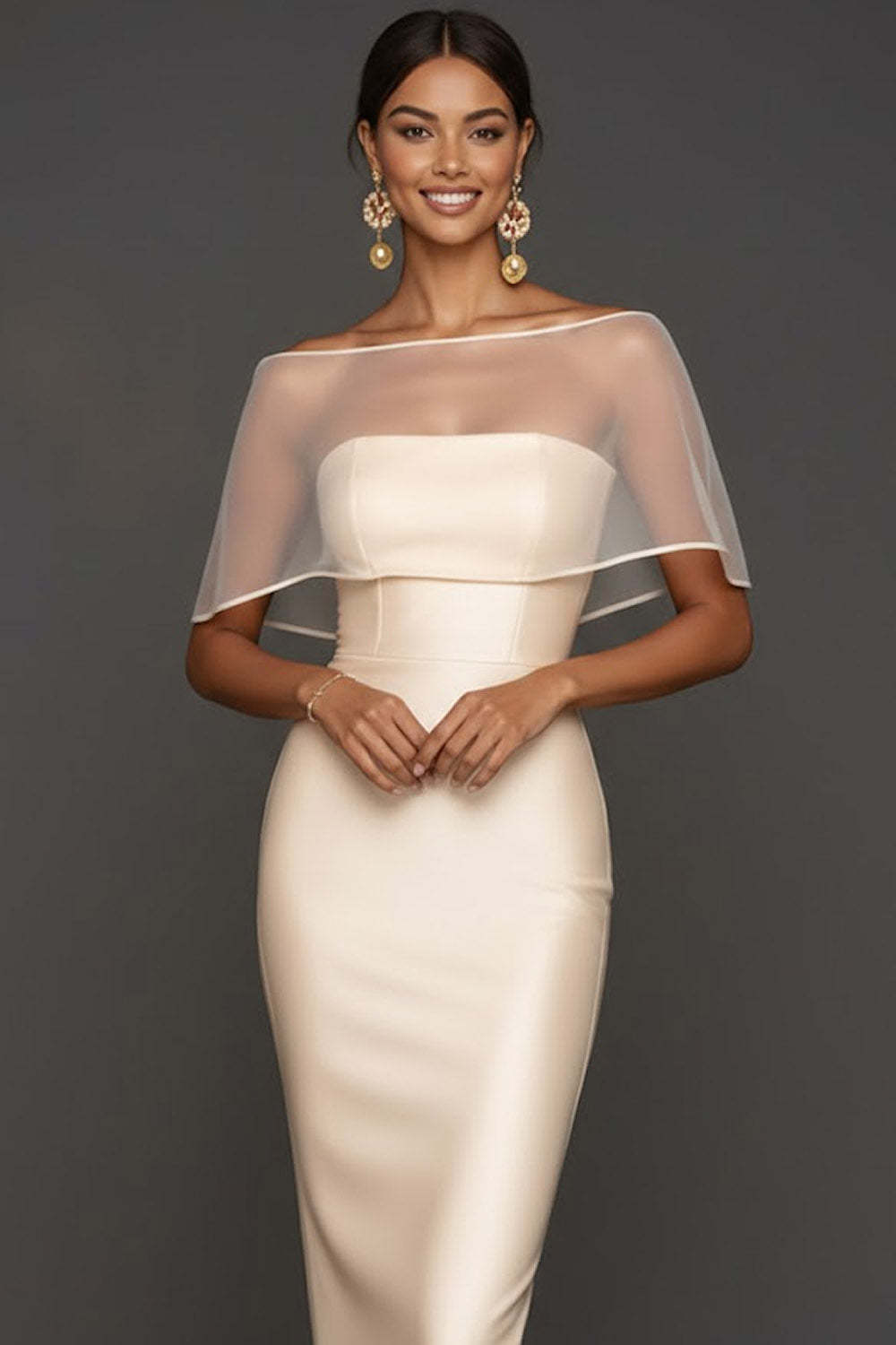 Champagne Satin Sheath Long Wedding Guest Dress with Cape