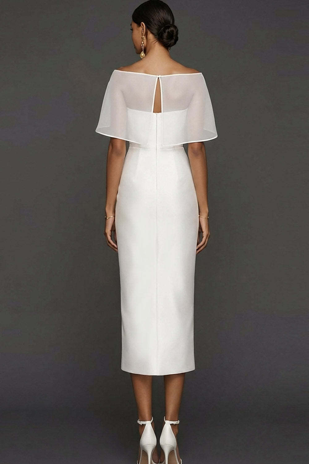 Champagne Satin Sheath Long Wedding Guest Dress with Cape