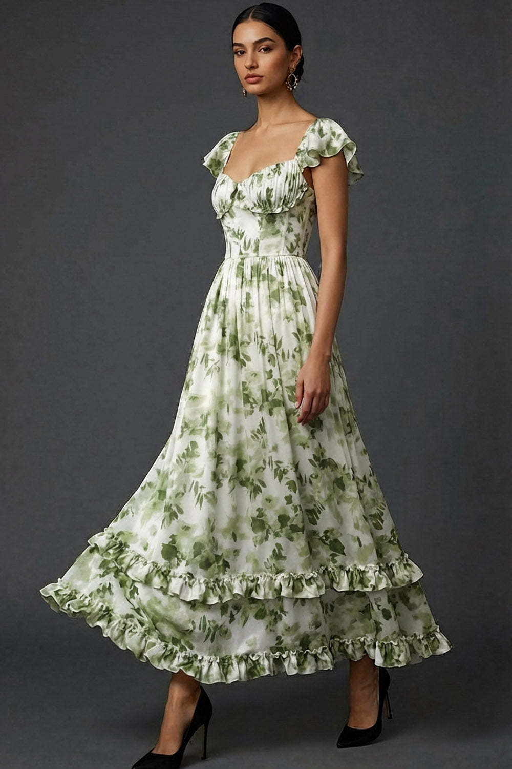 Green Floral A Line Maxi Wedding Guest Dress with Ruffles